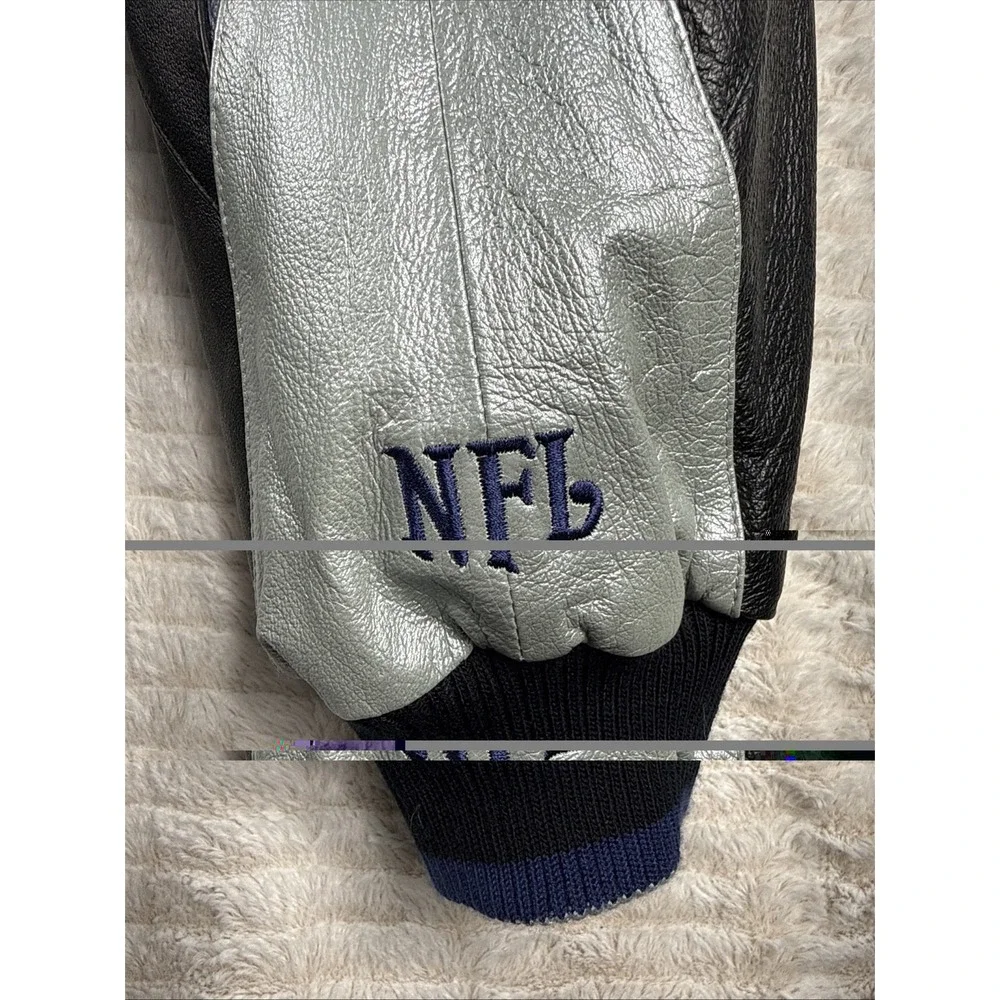 NFL New England Patriots Mens Medium Black Genuine Leather Bomber Jacket EUC